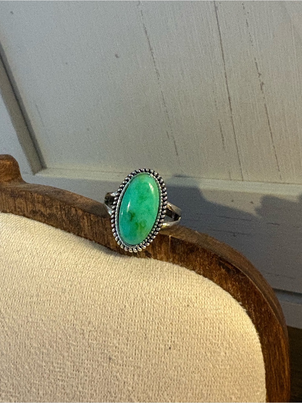 Silver Ring with Oval Green Turquoise Stone